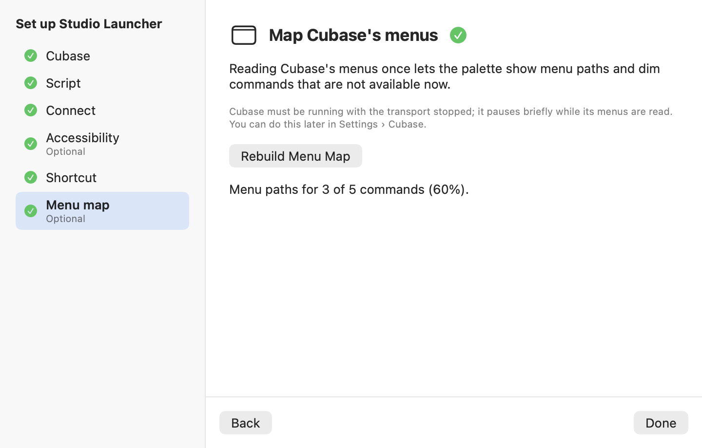 La primera configuración de Studio Launcher con todos los pasos marcados